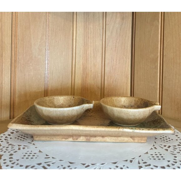 Handcrafted Ceramic Sushi Set Dish Two Matching Dipping Bowls Rectangular Tray - Picture 1 of 5